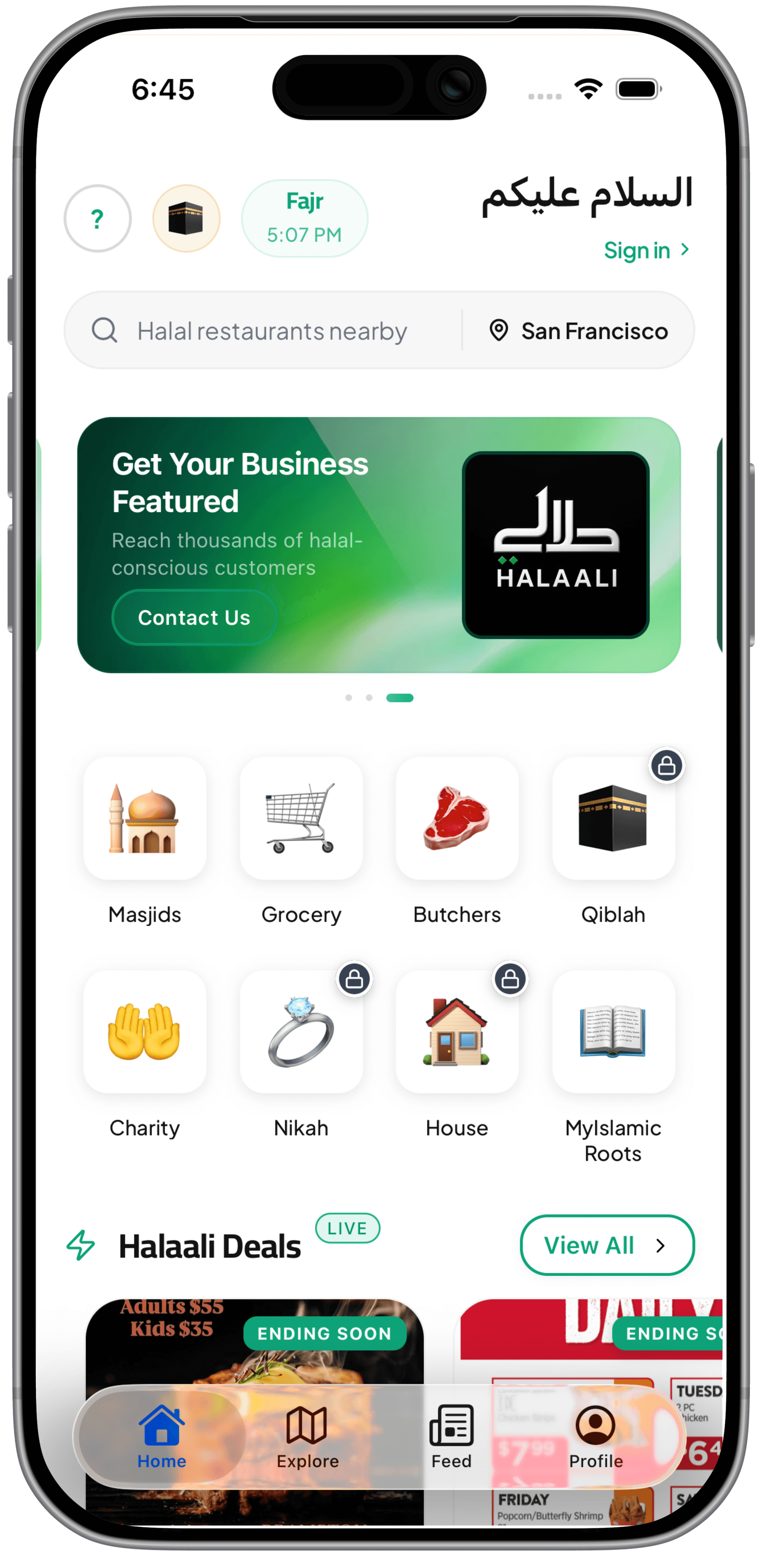 Halaali app mockup showing halal restaurants, masjids, prayer times, and Qiblah compass